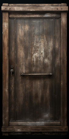 a post-apocalyptic style wooden door featuring a gothic steampunk aesthetic. the door is adorned with a wooden handle, adding to its rustic charm. the image showcases a realistic chiaroscuro effect, with dark tonality and sparse, burned-charred details. this captivating photograph by jeff legg captures the essence of a dystopian world. ai generatedの素材