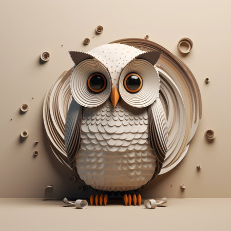 the digital art owl is a stunning representation of a traditional owl, featuring intricate circle details reminiscent of paper sculptures. created by the talented artist patrick brown, this minimalistic composition showcases a harmonious blend of dark white and light beige tones. the image, rendered in vray, boasts a high-definition quality, highlighting the multi-layered figures within the artwork. ai generatedの素材