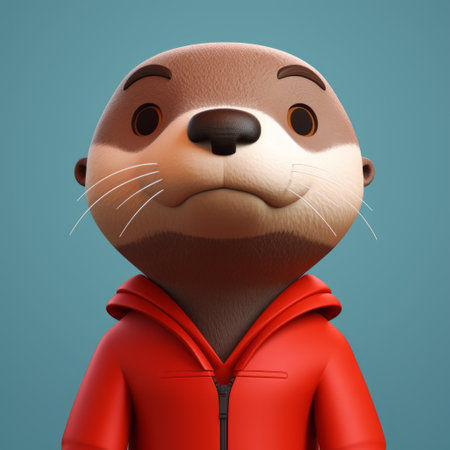 an adorable animal wearing a red hoodie is captured in this photo against a vibrant blue background. the image is rendered in the style of cinema4d, reminiscent of the works of oleksandr bogomazov and bill watterson. the hyper-realistic water and rounded, charming characters add to the overall appeal of this delightful composition by thomas heatherwick. ai generatedの素材