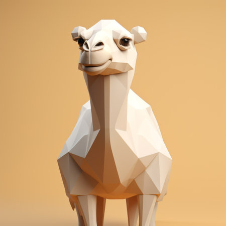 a white camel, 3d printed in 1h 48, captures attention with its quirky expressions and clean, simple design. created by dory blayne in the style of vray tracing, this geometric masterpiece draws inspiration from liam wong's aesthetic. the beige and amber tones add a touch of warmth to this contest-winning creation. ai generatedの素材