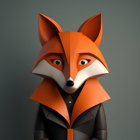 an orange fox wearing a black suit stands on a grey background. the image, rendered in cinema4d, showcases geometric aesthetics and the artistic style of igor kieryluk. the use of paper adds an interesting touch to the anthropomorphic animal. the facial expression of the fox is emphasized, and volumetric lighting enhances the overall atmosphere. ai generatedの素材