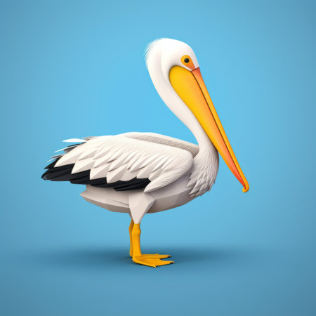 a large white pelican, rendered in cinema4d, stands on a vibrant blue background. the cartoony character design by max bedulenko gives it a crisp and clean look. inspired by aleksandr deyneka, the pelican's strong facial expression adds to its isometric charm. ai generatedの素材