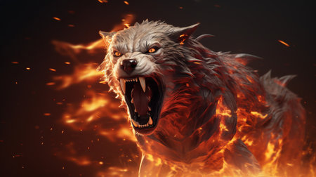 a wolf engulfed in fiery flames, showcased in a captivating wallpaper. this stunning image, rendered in the style of unreal engine, features a highly detailed character illustration by george stefanescu. the hyperrealistic animal portrait captures the wolf's energetic expressions amidst the rough clusters of fire. shot on 70mm, this photo is a mesmerizing visual spectacle. ai generatedの素材