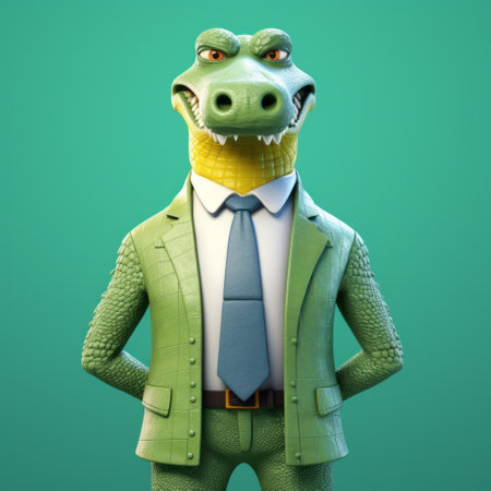 a 3d model of a tommaso alligator dressed in a suit is depicted in this illustration. the artwork showcases a social media portraiture style with quirky anthropomorphic compositions. the raw and edgy design features inventive character designs, rendered in cinema4d. the satirical tone adds a touch of humor to the grid-based composition. ai generatedの素材