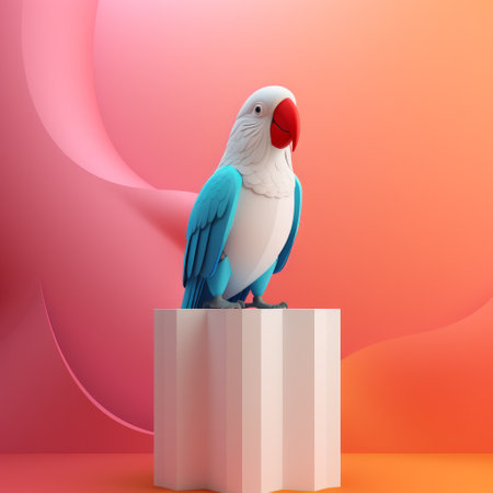 a blue parrot sits on an orange square in this rendered image created in cinema4d. the parrot's vibrant colors contrast beautifully with the minimalist background. the use of light and color in this petcore-inspired artwork creates a realistic and visually appealing scene. the organic sculpting and fluid shapes add an artistic touch to the overall composition. ai generatedの素材