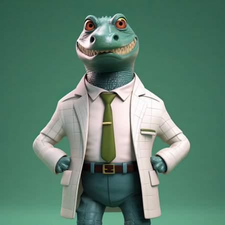 a comic character wearing a medical vest is depicted in this artwork. the style of the piece resembles realistic animal portraits, with influences of frogcore and figura serpentinata. the artist has achieved photorealistic accuracy, using a color palette of teal and white. the character's design also incorporates elements of scientific accuracy and dinopunk aesthetics. ai generatedの素材