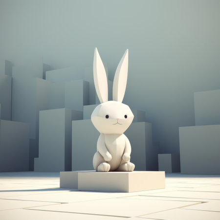 a white bunny sits on the ground, surrounded by a minimalist sculpture of buildings. the conceptual style of the artwork, created using bryce 3d, features clean lines and a balanced design. this tachisme-inspired piece won a contest for its blocky aesthetic and unique composition. ai generatedの素材