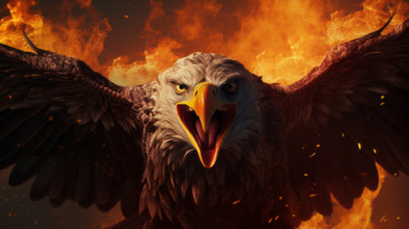 a large eagle with wings spread open is depicted against a fiery background in this cinema4d-rendered image by anton fadeev. the intense close-up captures the emotion and intensity of the eagle, showcasing the artist's talent for creating realistic animal portraits. this terrorwave-inspired artwork is presented in stunning 8k resolution. ai generatedの素材