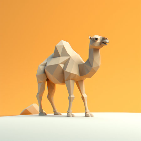 a 3d model of a camel illustration created from svg, showcasing a unique blend of organic forms and geometric shapes. the color palette features light beige and orange tones, adding a touch of warmth to the design. created by artist atey ghailan, this minimalist monochrome artwork exhibits cross-processed and layered surfaces, resulting in a visually captivating piece. the image boasts a high resolution of 20の素材