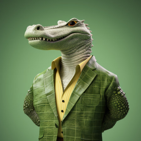 an alligator wearing a suit poses confidently on a vibrant green background. this zbrush-style artwork showcases the alligator's elegant clothing and intricate details, resembling photographically detailed portraitures. created using cinema4d, the composition features layered elements and imaginative characters, adding a touch of uniqueness to the artwork. ai generatedの素材
