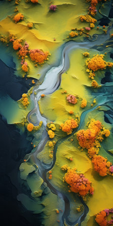 colorful river rendered in an animated style resembling topographic photography. the vibrant colors, including yellow and navy, create a visually striking scene. the organic sculpting and lush detailing bring the delicately rendered landscapes to life. the monochromatic landscapes feature shades of orange and green, adding depth and contrast to the overall composition. ai generatedの素材