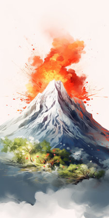 a vibrant digital painting featuring a colorful mountain and trees against a sky with red snow falling. the style is reminiscent of detailed character designs by frank frazetta, with elements of indonesian art and hyper-realistic animal illustrations. the composition is eye-catching, with explosions of vibrant colors. ai generatedの素材