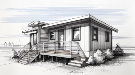 a drawing of a tiny house concept with an open staircase, showcasing the ink wash style. this 32k uhd artwork is inspired by the northwest school and features modular construction. the design offers stunning coastal views and is accentuated with chrome-plated elements, reflecting the influence of the mono-ha movement. ai generatedの素材