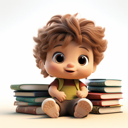 a cute 1-year-old baby with big front teeth and brown eyes, wearing a tie in their hair, is captured in this adorable photo. the baby's exaggerated expression and blown hair add to their charm. the photo features a little books character from the pop mart blind box collection, showcasing its high-quality 3d design in a pixar-style. the white background highlights the full body of theの素材