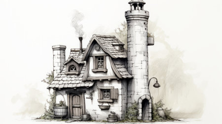 enchanted forest house featuring detailed character design, ink wash painter style, xbox 360 graphics, precise nautical detail, industrial and product design elements. the stone structure exudes a medieval-inspired charm, blending seamlessly with the magical surroundings of the forest. ai generatedの素材