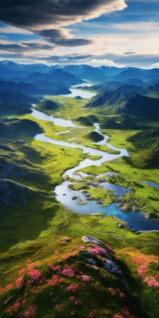 aerial view of an endless and undulating fjord, adorned with vibrant wild flowers and tall swaying grasslands. this serene and tranquil scene is captured in a still life photography style, showcasing the beauty of nature. gc 8k. ai generatedの素材