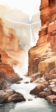a digital illustration of a wild waterfall, featuring an aggressive style with light white and light amber tones. the painting showcases dusty piles and a flattened perspective, reminiscent of the desertwave aesthetic. the emphasis is on character design, resulting in a visually striking and detailed uhd image. ai generatedの素材