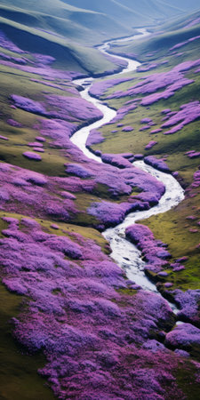 purple flowers and pink sand create a vibrant contrast in this wide open space reminiscent of scottish landscapes. the nearby river adds to the picturesque scenery. this national geographic photo captures the essence of psychedelic color schemes and showcases flowing fabrics. with its high resolution and rich color contrasts, it beautifully romanticizes the wilderness. ai generatedの素材