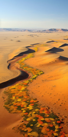 aerial view of an undulating desert landscape adorned with vibrant wild flowers and tall swaying grasslands. this serene and tranquil scene is captured in a still life photography style, showcasing the beauty and tranquility of nature. gc 8k. ai generatedの素材