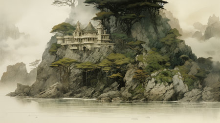 the land of the dead castle, inspired by john walker's "the land of the dead," showcases the captivating style of tran nguyen and ssaku hanga. this artwork features lively coastal landscapes and architectural sketches reminiscent of arthur rackham's work. with a resolution of 3840x2160, this piece by sparth is a stunning visual masterpiece. ai generatedの素材