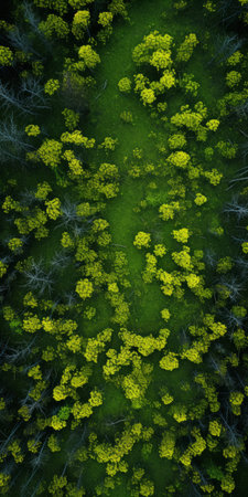 aerial view of a forest captured by a drone, showcasing lush green trees. the image resembles pointillist floral paintings with its dark yellow and dark silver tones. the organic forms and patterns create a mesmerizing composition. shot with a zeiss otus 85mm f/1.4 apo planar t lens, the photo beautifully incorporates flower and nature motifs. this prairiecore-inspired image exudes an expressive and artistic vibe. aiの素材