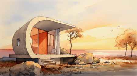 a sketch of a house nestled amidst rocks and trees, showcasing a warm color palette and a futuristic minimalistic style. the coastal views add a serene touch to the manga-influenced design, while the realistic watercolors bring the image to life. this uhd image captures the breathtaking beauty of the scene. ai generatedの素材