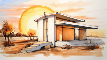 a small house in the desert, depicted in a sun-soaked color palette, showcases a unique blend of manga-inspired and american mid-century design. this 32k uhd drawing captures the essence of urban exploration with its dark white and light orange hues, creating a captivating painting that exudes warmth and artistic flair. ai generatedの素材