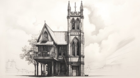 a sketch of a church, showcasing a realistic hyper-detailed rendering in the victorian goth style. the drawing captures the intricate modular construction of the church, with lifelike renderings and detailed character design. this en plein air artwork exudes the essence of victorian-inspired illustrations. ai generatedの素材