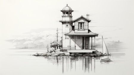 a black and white sketch of a lighthouse, inspired by the style of oleksandr bogomazov. this detailed artwork captures the serenity and harmony of the scene, reminiscent of goro fujita's precise and detailed architecture paintings. the calm waters surrounding the lighthouse add to the overall sense of tranquility. the sketch showcases the intricate engineering, construction, and design of the lighthouse, similar to the works ofの素材