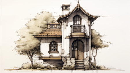 a drawing of an old quaint house and a tree, combining expressive manga style with renaissance-inspired draftsman techniques. the artwork features a dark white and light bronze color palette, reminiscent of chinese watercolor. the intricate mechanical designs and detailed character design make this piece truly captivating. ai generatedの素材