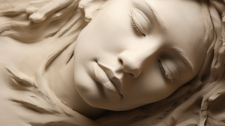 a close-up photo of a monumental sculpture installation featuring a white clay statue inside a box. the sculpture showcases blink-and-you-miss-it detail and hyperrealistic portraits in the style of dreamscape portraiture. the slumped and draped posture of the statue adds to its artistic appeal. ai generatedの素材