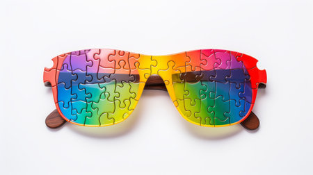 a pair of colorful puzzle piece-shaped sunglasses, inspired by cryptic psychedelia and the artistic style of john wilhelm. these sunglasses symbolize the importance of joints and connections, reflecting the influence of precisionism and progressive academia. with their multi-layered color fields, they serve as a critique of consumer culture. ai generatedの素材