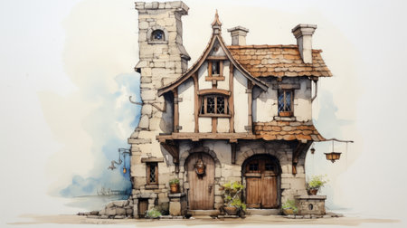 an artistic illustration of a traditional old-style house, reminiscent of brian kesinger's medieval and renaissance-inspired drawings. this realistic watercolor painting showcases intricate details and organic sculpting techniques. the illustration captures the essence of tsubasa nakai, hinchel or, and other renowned illustrators in this genre. ai generatedの素材