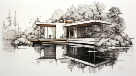 a small paper sketch of a white house on the water, showcasing photorealistic rendering and organic modernism. the detailed architectural drawings capture the precisionist and meticulous design, while the ink and wash technique adds depth and texture. the house harmoniously blends with its natural surroundings, creating a serene and captivating scene. ai generatedの素材