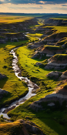 a stunning photograph showcasing the prairie's natural beauty, featuring lush grass and majestic mountain ranges. this national geographic-style image captures the essence of nature with its luminosity of water, bold shadows, and layered organic forms. the vibrant green and bronze tones add depth and richness to the scene, creating a captivating visual experience. ai generatedの素材
