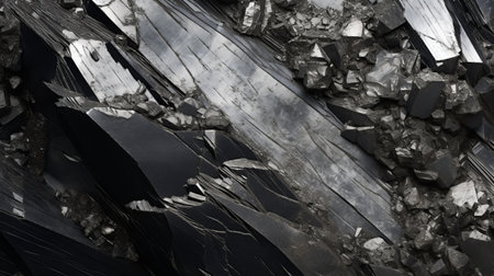 a close-up of a black and white photo of rocks, showcasing a futuristic fragmentation style. the rocks appear in dark silver and dark azure tones, creating an apocalyptic collage. the image is cutripped, revealing intricate crystal formations. the rocks have a chrome-plated appearance, adding to the overall aesthetic. the composition is reminiscent of the gutai art movement. ai generatedの素材
