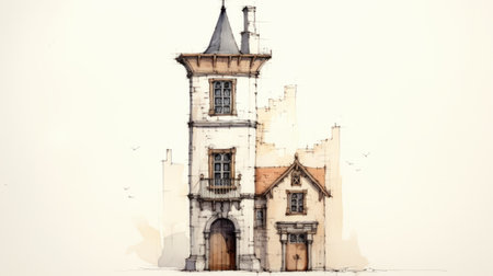 a sketch of a small tall tower showcasing precise and detailed architecture paintings. the charming characters are brought to life through the watercolor technique. the arched doorways add an elegant touch to the composition. with high resolution, the juxtaposition of hard and soft lines creates a captivating illustration. ai generatedの素材