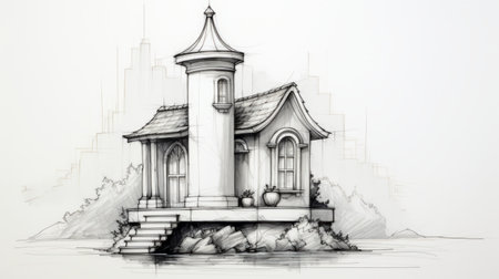 a sketch of an island with a house, showcasing art nouveau elegance and hyperrealistic details. the sketch incorporates gothic references and hand-painted details, while the high-key lighting adds a touch of sophistication. the elegant inking techniques enhance the overall aesthetic, creating a captivating blend of cabincore and art nouveau elements. ai generatedの素材