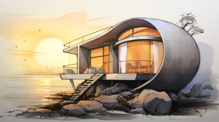 a sketch of a house designed in pencil on a rock, featuring a comic book-influenced, futuristic retro style. the house has rounded edges and draws inspiration from marvel comics and marine biology. the color palette includes light silver and light amber, giving it a manga-inspired touch. ai generatedの素材