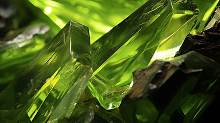 a stunning photograph capturing a mesmerizing green crystal in a dark setting. the crystal showcases highly polished surfaces resembling weathered materials, with kinetic elements adding to its allure. the image exudes a paleocore aesthetic, with sharp, vivid colors of light yellow and light green. the vibrant and high-energy imagery is truly captivating. ai generatedの素材
