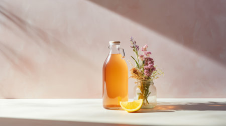 an orange bottle rests delicately on a vibrant flower, while two other flowers bloom nearby. the photo exudes a vintage atmosphere with its light pink and light amber hues. it captures youthful energy and raw authenticity, while also infusing social commentary. the soft-focus adds a touch of light yellow and light purple to the overall composition. ai generatedの素材