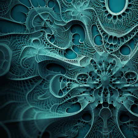 a blue abstract design of a dark tree, featuring intricate webs and detailed engraving in the style of fractal geometry. the design showcases interlacing artifacts with dark green and turquoise hues. the image is created using focus stacking, resulting in delicate lines and intricate patterns. ai generatedの素材