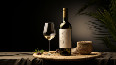 bottles of scotch wine and a wine glass are showcased on a dark shelf in the wine cellar. this meticulously crafted photorealistic still life captures the essence of traditional japanese artistic techniques, with intricate foliage and a play of light and shadow in shades of light yellow and dark white. the result is a stunning, high-quality photo that exudes a traditional vietnamese and naturalistic vibe.の素材
