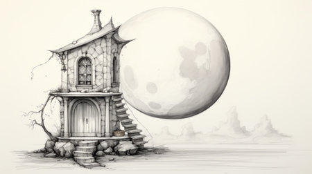 a strange house stands out with its eerie painting and a big yellow moon in the background. the monochromatic ink wash style adds to the mysterious atmosphere. the house is adorned with spherical sculptures and charming character illustrations, giving it a fantasy illustration vibe. the concept art showcases forced perspective, and the entire scene is beautifully rendered in maya. ai generatedの素材