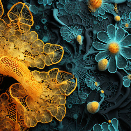 blue abstract graphic with yellow flowers in the style of cellular formations. daz3d, light black, and orange colors add depth. medical themes merge with intricate textile designs and infinity nets, creating a unique composition made of insects. ai generatedの素材