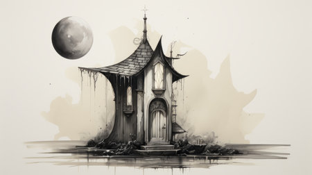 a house sits atop a vast watery lake, illuminated by the moon overhead. this occultist draftsman's creation showcases a unique blend of dark white and dark silver tones. the precise and detailed architecture paintings are complemented by stainswashes, while the character design is both detailed and grotesque. the overall result is a collection of charming and intriguing sketches. ai generatedの素材