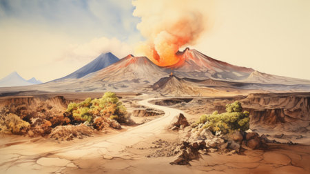 a hand-drawn picture of a land with volcanic hot air, resembling realistic watercolor paintings. this richly detailed genre painting captures captivating scenes with the zeiss milvus 25mm f14 ze lens. the artwork showcases action and dramatic scenes, reminiscent of scientific illustrations. ai generatedの素材