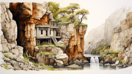 a serene house nestled amidst cliffs and a cascading waterfall, captured in a precise and detailed architectural painting. this artwork exudes a zen-like tranquility, reminiscent of realistic watercolor paintings. inspired by the art of the upper paleolithic era and mote kei style, it showcases high-resolution imagery and intricate interiors. ai generatedの素材