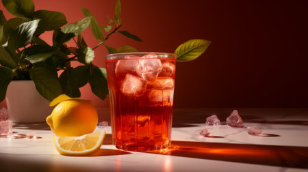 a cup of tea, accompanied by a lemon slice and a rock, is beautifully captured in this photograph. the image showcases a combination of light red and light crimson tones, enhanced by screen tones. the sparkling water reflections add a touch of vibrancy, while the use of lee broom, dark amber, and crimson hues create a captivating atmosphere. the inclusion of infrared filters adds aの素材