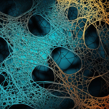 geometric woven cloth background featuring intricate webs in orange, blue, and gold. this tangled nest-style design showcases luminous 3d objects in a squiggly line style, reminiscent of scientific illustrations. the combination of light black and dark aquamarine adds depth to the mesmerizing pattern. inspired by the art of kintsugi, this visually captivating photo is a true masterpiece. ai generatedの素材